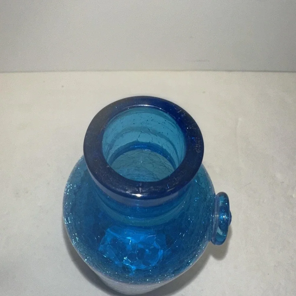 Blue Crackle Glass Decanter W/ Stopper Mid Century Modern MCM
